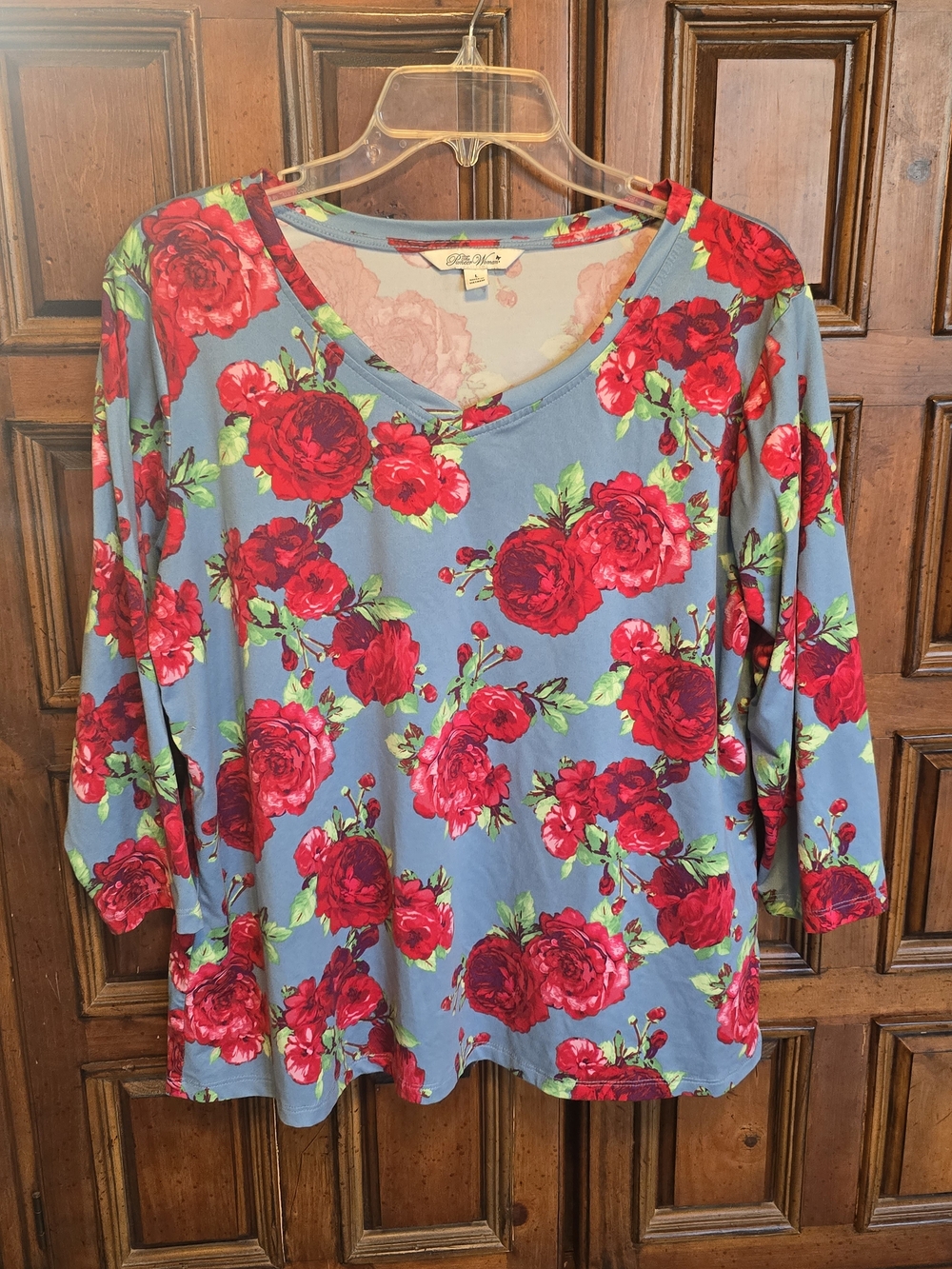 The Pioneer Woman Women's Floral Rose V-Neck 3/4 Sleeve Knit Top Size L Blue Red